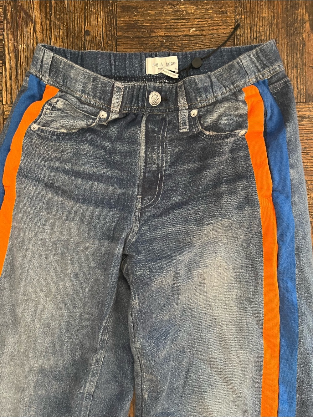 RAG AND BONE MIRAMAR Wide-Leg PULL ON Jeans with Orange & Blue Side Stripe XS, - Picture 6 of 12